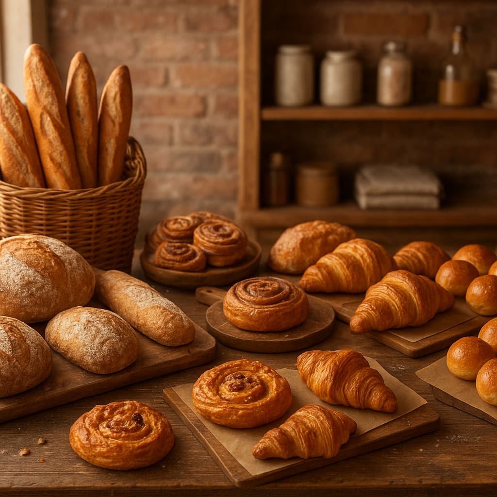 Warme Bäckerei-Theke mit frischem Brot und Gebäck